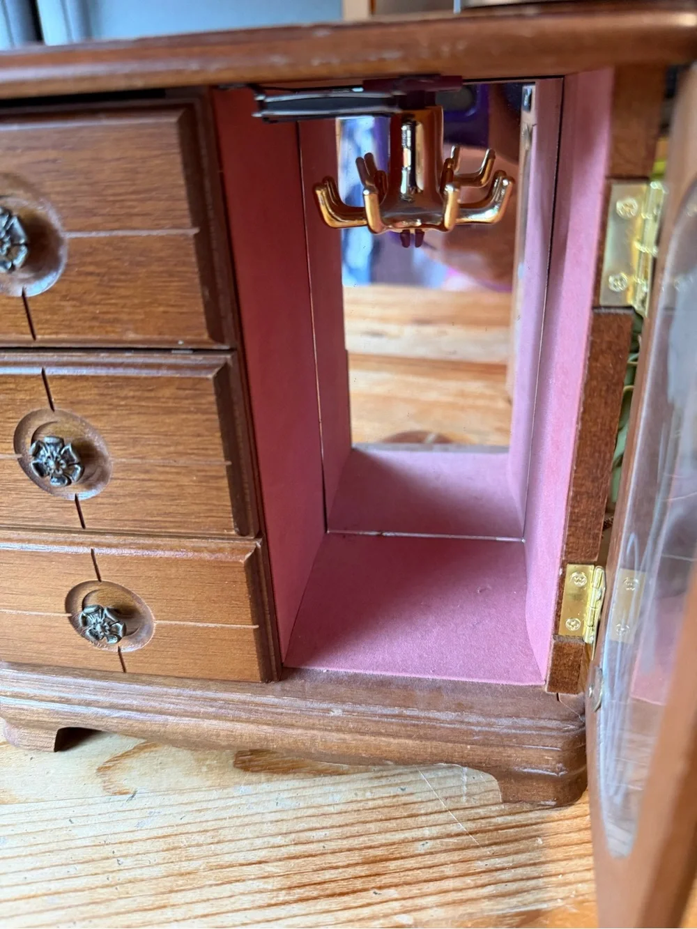 Vintage Wooden Jewelry Cabinet with Floral Glass Door